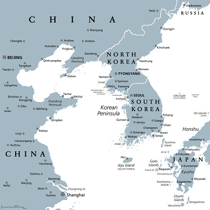 Korean Peninsula region, gray political map. Peninsular region Korea in East Asia, divided between North and South Korea, bordered by China and Russia, and separated from Japan by the Korea Strait.
