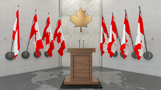Canadian Flag in a Row with a Empty Wooden Wall. 3D Render