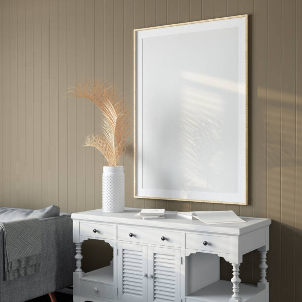 istock Empty Mock Up Picture Frame on Living Room's Beige Wall 1454170509