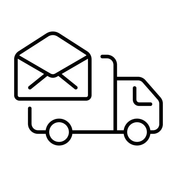 Vector illustration of Delivery van line icon. Food delivery, pizza, mail, search, gear, clock, Truck, garbage disposal, car, box, mail, logistics. Order concept. Vector line icon on white background