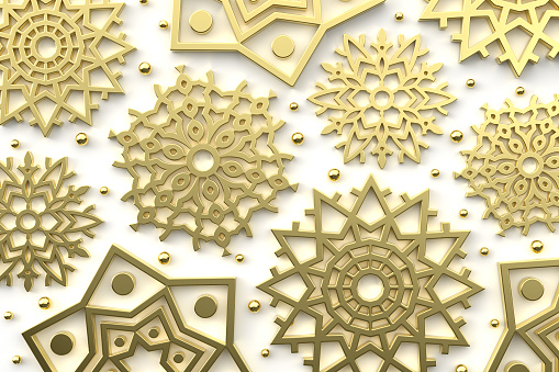 Stylish winter festive background of golden snowflakes. Christmas and New Year. Volume texture. 3d illustration.