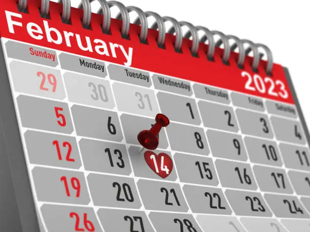 Valentine day. Calendar for February. Isolated 3D illustration