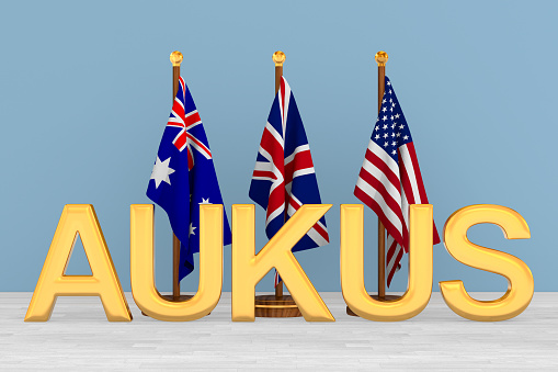 American, Australian and Britain flag in room. 3D illustration