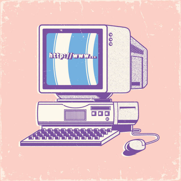 Personal Computer Vintage desktop computer with mouse and keyboard computer mainframe old retro revival stock illustrations