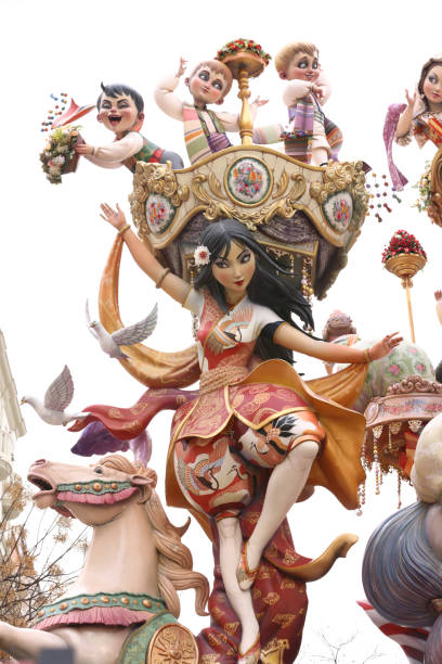 Valencia, Spain - March 18 2022. Traditional Festival with wood and Papier Mache statues celebrating Saint Joseph. The statues are shown and then burnt in the streets.