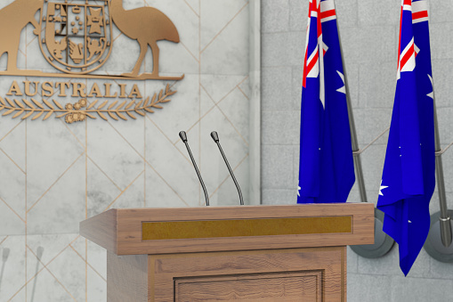 Australia Press Conference or Parliament Speech Concept Australian Flag. 3D Render