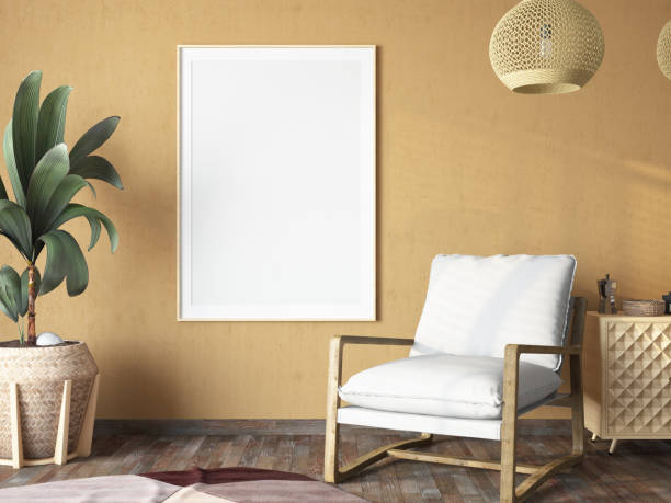 istock Mock Up Picture Frame on Boho Style Room with Armchair and Beige Wall 1454175376