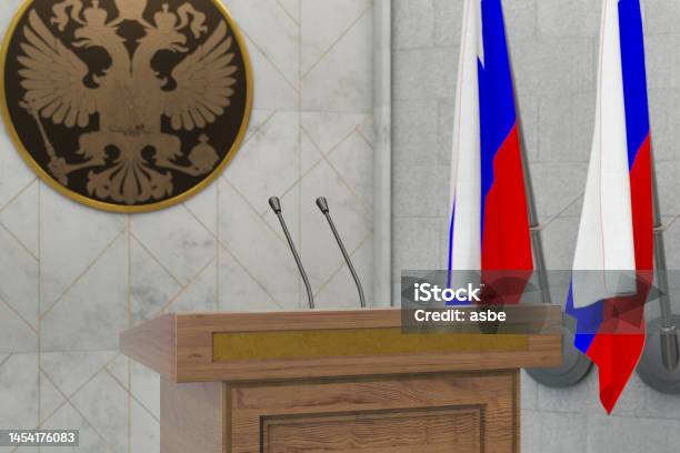 Russia Press Conferance Or Parliament Speech Concept With Russian Flag Stock Photo - Download Image Now