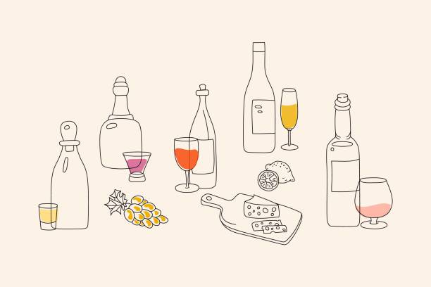 ilustraciones, imágenes clip art, dibujos animados e iconos de stock de varias botellas y vasos de bebidas alcohólicas con queso y limón en la tabla de cortar. ilustración vectorial dibujada a mano. todos los elementos están aislados. - silhouette vodka bottle glass