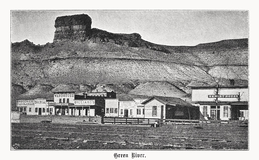 Historical view of Green River City, now Green River, the third place of the same name in Wyoming, USA was founded with the arrival of the Union Pacific railroad in 1868 when the area was still a part of Dakota Territory. Halftone print after a photograph (1876), published in 1899.