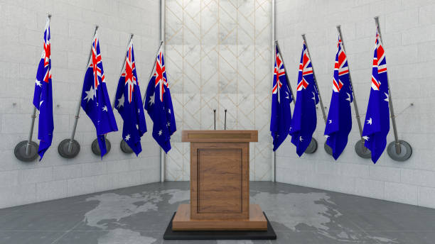 istock Australia Press Conference or Parliament Speech Concept Australian Flag 1454177682