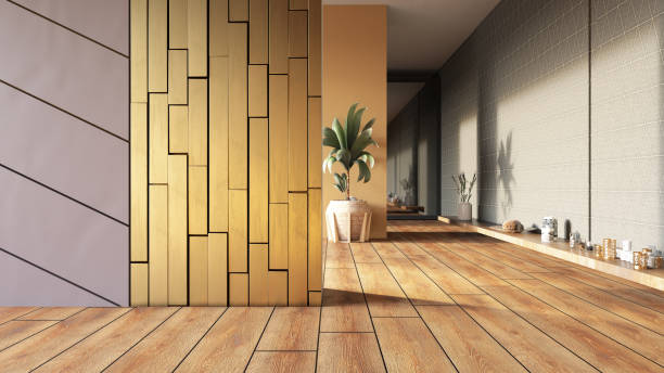 Modern Living Room Interior with Geometric Wall Panel. 3D Render