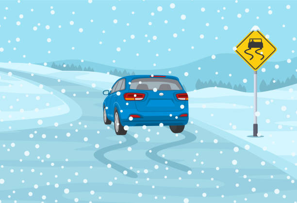 illustrazioni stock, clip art, cartoni animati e icone di tendenza di guida di safety car nella stagione invernale. l'auto suv blu sta raggiungendo la strada ghiacciata. segnale di avvertimento scivoloso e bagnato. - skidding bend danger curve