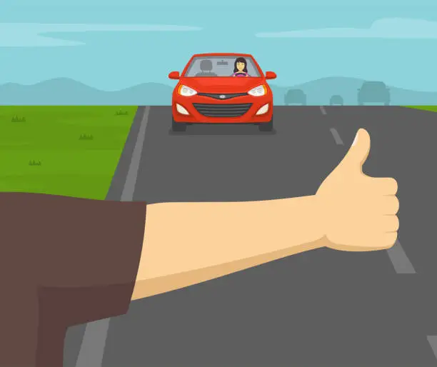 Vector illustration of Close-up arm and hand hitchhiking on a road. Country road car driving.