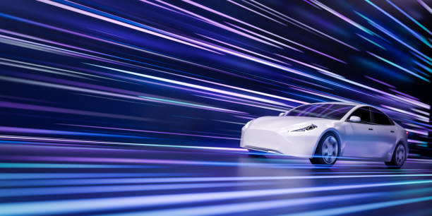 istock Futuristic generic cyber car racing on highway, Abstract high speed driving timelapse sport sedan light trails motion blur effects at night track 3d rendering, colorful supercar acceleration 1454180182