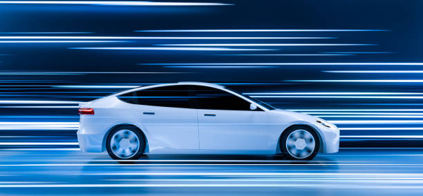 istock Futuristic generic cyber car racing on highway, Abstract high speed driving timelapse sport sedan light trails motion blur effects at night track 3d rendering, colorful supercar acceleration 1454180194