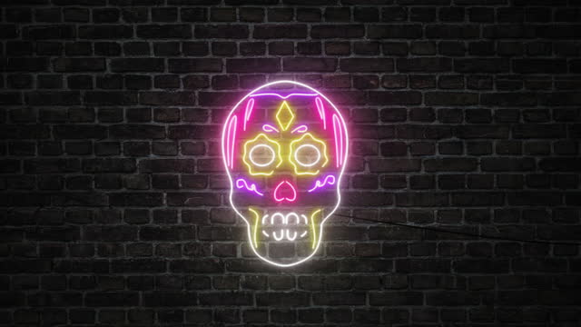 Skull with ornaments and decorations neon sign on bricks wall background. Symbol of dead's day celebration.