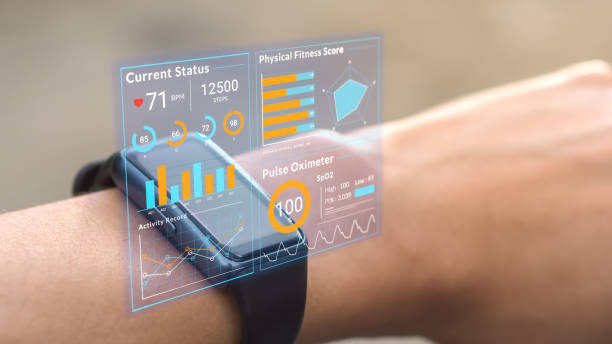 istock Futuristic hologram infographic display on smartwatch, 3d rendering medical data user interface screen app on hi-tech watch, heart rate SpO2 scanning and physical health condition UI technology 1454180338