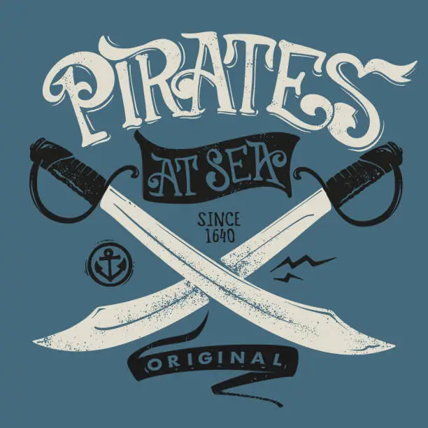 Vector illustration of Pirates at sea, vector print design for t-shirt