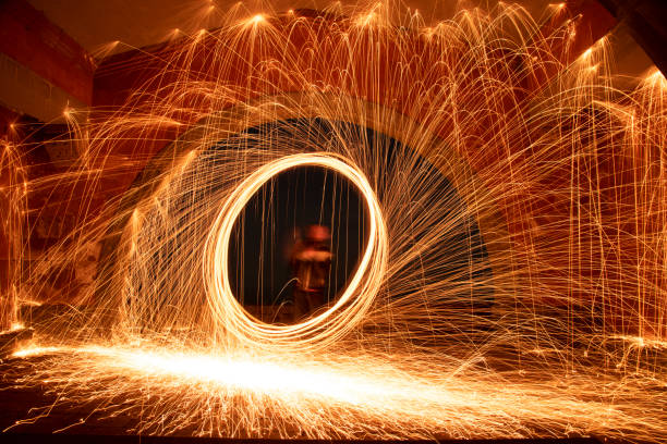 istock Rotating burning steel wool,Long exposure night shooting,Steel wool fireworks,Fire show,Night scenery with light effects,Cool circle effect 1454181263