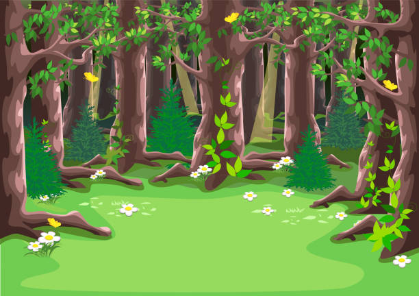 Fairy tale forest glade Fairy tale forest glade with big trees, blooming flowers and yellow butterflies in cartoon style. Vector illustration of a fairy tale nature. Glade stock illustrations