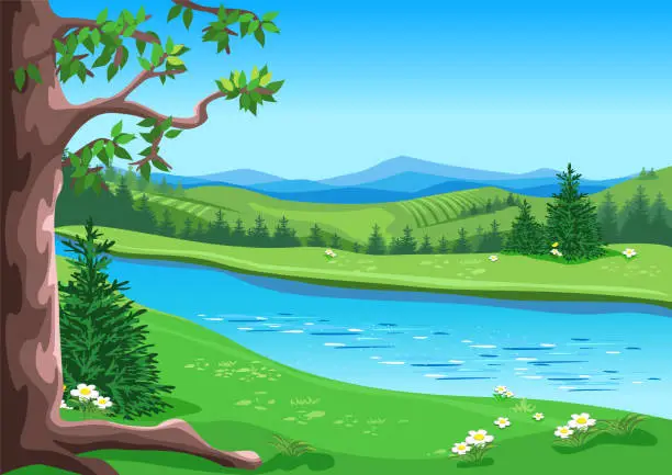 Vector illustration of Fairy tale forest with a river