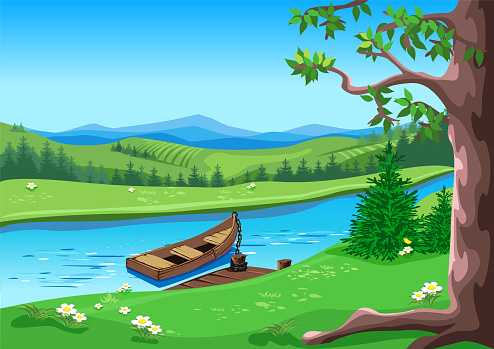 Rural landscape with mountains, flowers, meadow, big old tree, river and boat. The boat is tied to the pier. Background vector illustration.