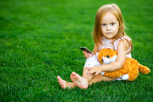 a wide shot of a little girl sitting on a green grass playing with cat and a cell phone