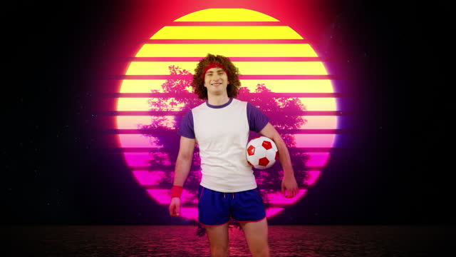 Funny man in 80s sportswear training with a ball, football soccer player