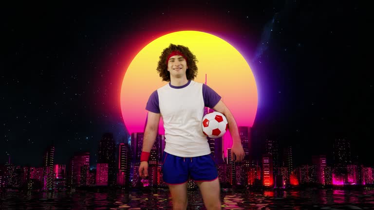 Smiling man kicking the ball on synthwave background, football soccer fan