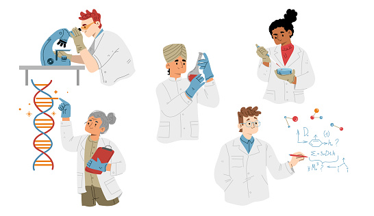 Set of laboratory scientists. Flat characters using microscope, studying medical substance, conducting genetic experiment, writing chemical formula, examining DNA sequence. Vector illustration