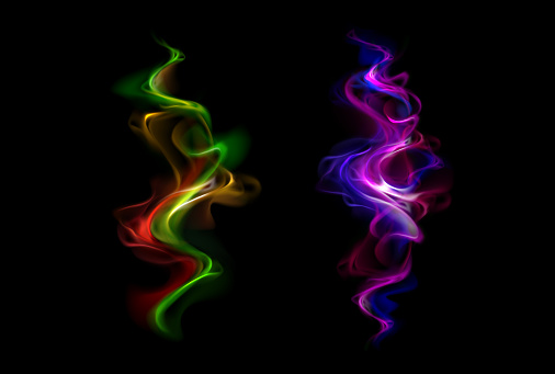 Neon fire smoke, magic swirls effect of purple, red or green colors. Twirls or wand spell traces, isolated shiny magician, wizard or fairy light, on black background, Realistic 3d Vector illustration