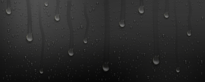 Condensation water drops with wet trails on black glass background. Sliding rain droplets on dark window surface, scattered pure aqua blobs pattern, abstract texture, Realistic 3d vector illustration