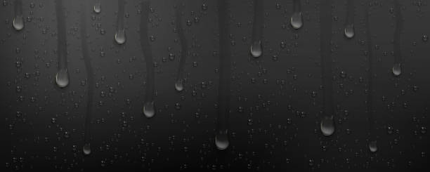 Condensation water drops with wet trails on glass Condensation water drops with wet trails on black glass background. Sliding rain droplets on dark window surface, scattered pure aqua blobs pattern, abstract texture, Realistic 3d vector illustration sliding down stock illustrations
