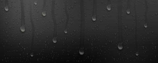 Condensation water drops with wet trails on glass Condensation water drops with wet trails on black glass background. Sliding rain droplets on dark window surface, scattered pure aqua blobs pattern, abstract texture, Realistic 3d vector illustration water on black surface stock illustrations