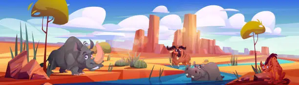 Vector illustration of African savannah with river and wild animals