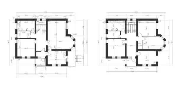 Vector illustration of Architectural plan of a two-storey manor house with a terrace. The layout of an individual two-storey house with three bedrooms, kitchen, living room, two bathrooms, dressing rooms and pantries.