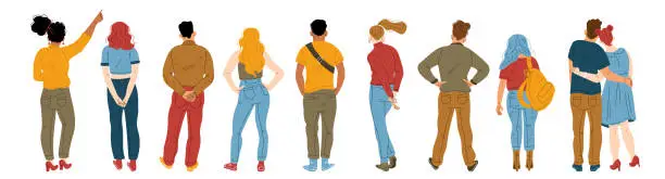 Vector illustration of Back view of young people standing in row