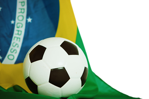 Celebrating Brazilian football, a black-and-white soccer ball with the national flag of Brazil.