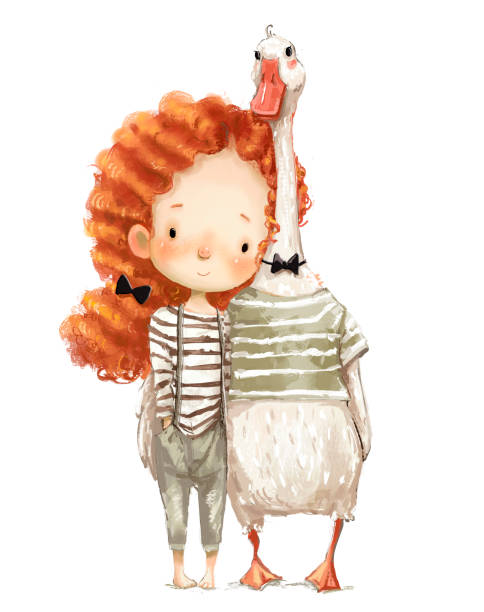 cute little girl with goose cute little girl with goose. watercolor illustration little redhead girl stock illustrations