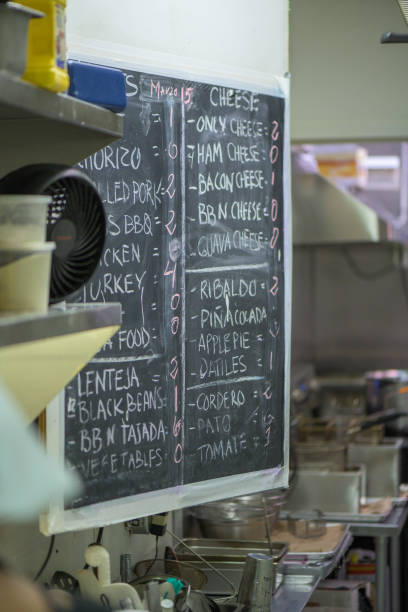 istock Closeup shot of menu set hand drawn on chalkboard restaurant 1454186064