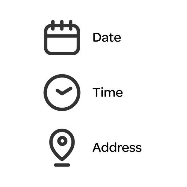 ilustrações, clipart, desenhos animados e ícones de estilo de contorno do ícone de endereço de local de data e hora. mensagem do evento . documento de informação forma símbolo conceito de negócio. ilustração stock do vetor. - calendário