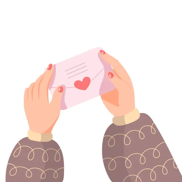 Vector illustration of Hands with painted red nails holding a Saint Valentines letter. Concept of receiving love messages
