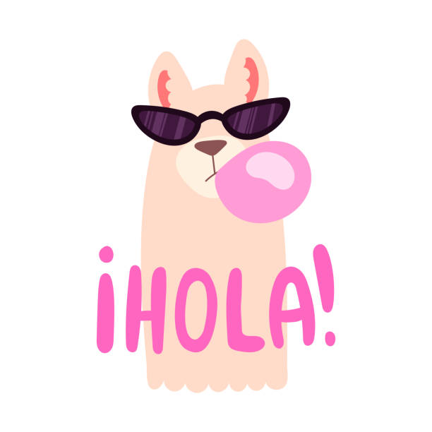 Cool cartoon style llama in sunglasses inflates a bubble of pink gum with hola sign cartoon style llama in sunglasses inflates a bubble of pink gum cool easy designs stock illustrations