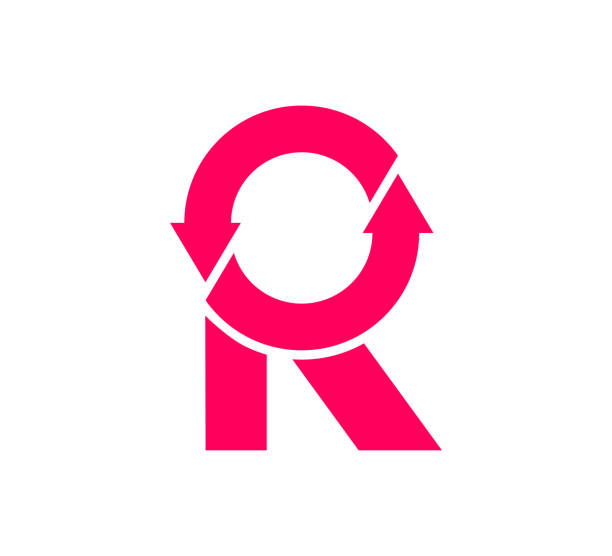 Modern letter r symbol with recycle arrows. Futuristic corporate identity symbol, company graphic design. r arrow logo stock illustrations