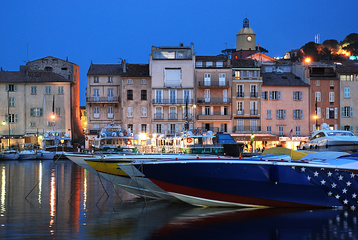 Moored boats and yachts in the Vieux Port (Old Port) in Marseille at Twilight, France
