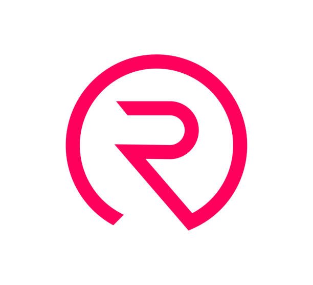 Continuous line in the circle, modern letter r symbol. Futuristic corporate identity symbol, company graphic design. r arrow logo stock illustrations