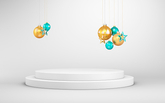 3d render New Year Concept with Multicolored Neol Balls, White Podium Spotlight, White Podium Spotlight, cylinder podium with Christmas Balls on white endless background, product promotion, empty product promotion scene (Close up)