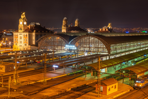 Prague, Czech Republic, 27.12.2022, Prague central railway station in the evening