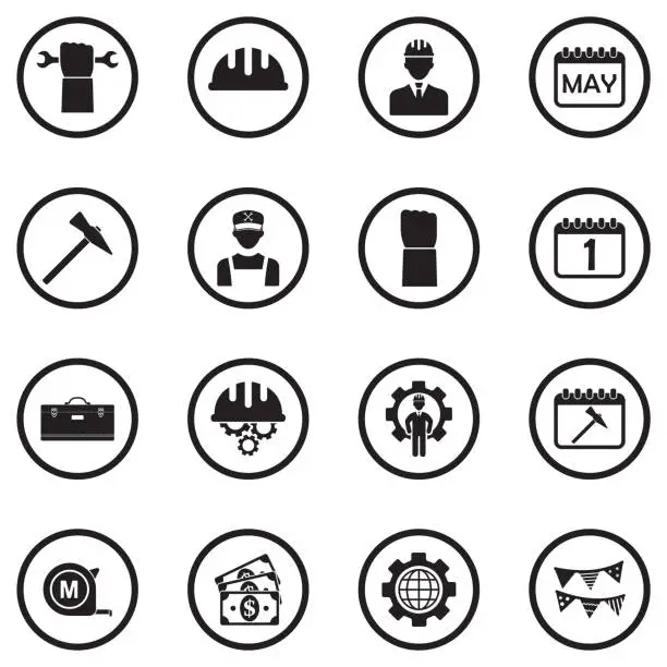 Vector illustration of Labor Day Icons. Black Flat Design In Circle. Vector Illustration.